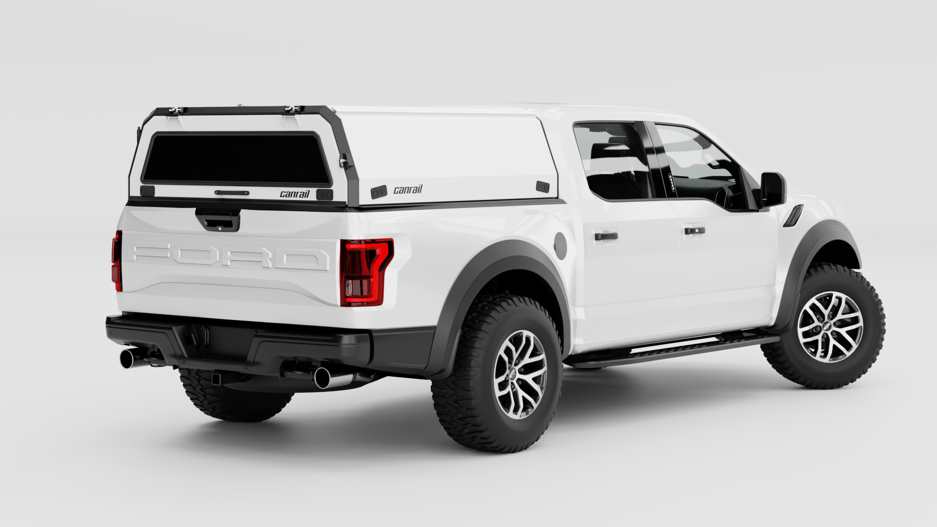 White Ford Raptor double-cab bakkie fitted with the Canrail canopy in sealed weatherproof mode