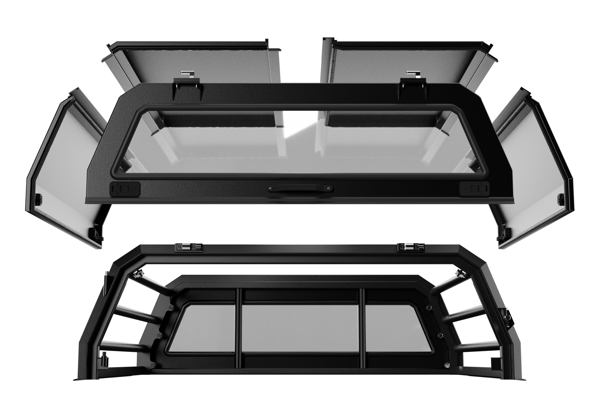 Canrail product render — canopy panels above the cattle rail frame, showing the two configurations of one system