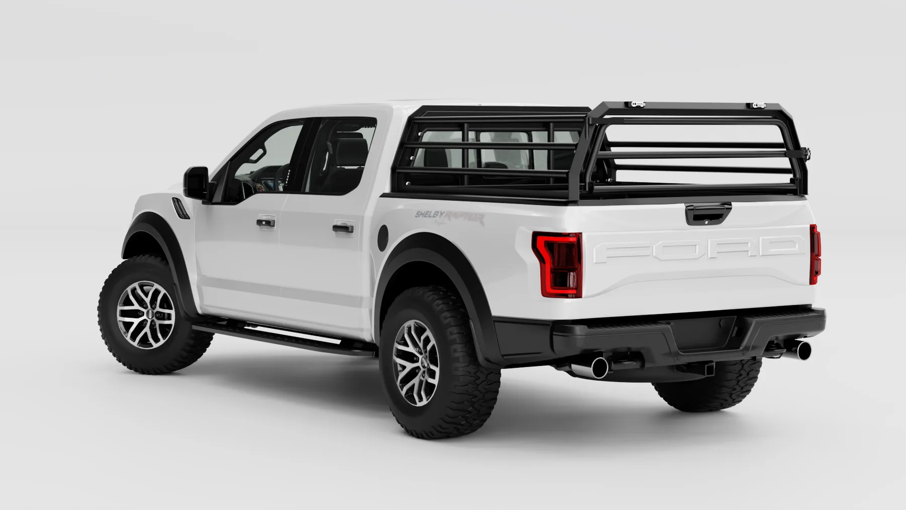 White Ford Raptor double-cab bakkie fitted with the Canrail cattle rail in open-haul mode