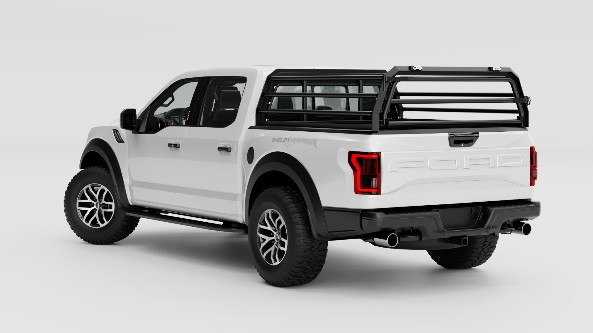 White Ford Raptor double-cab bakkie fitted with the Canrail cattle rail in open-haul mode
