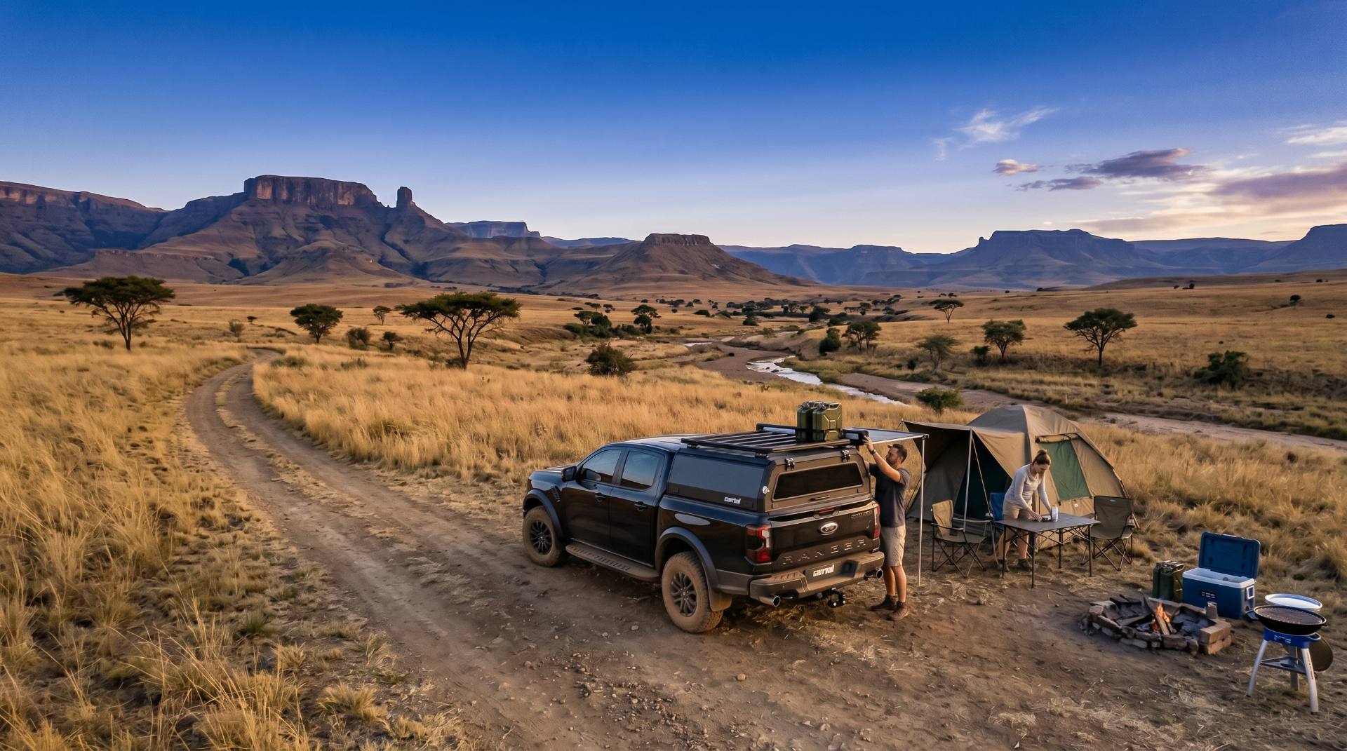 Black bakkie with Canrail canopy parked at a Drakensberg campsite with tent and campfire