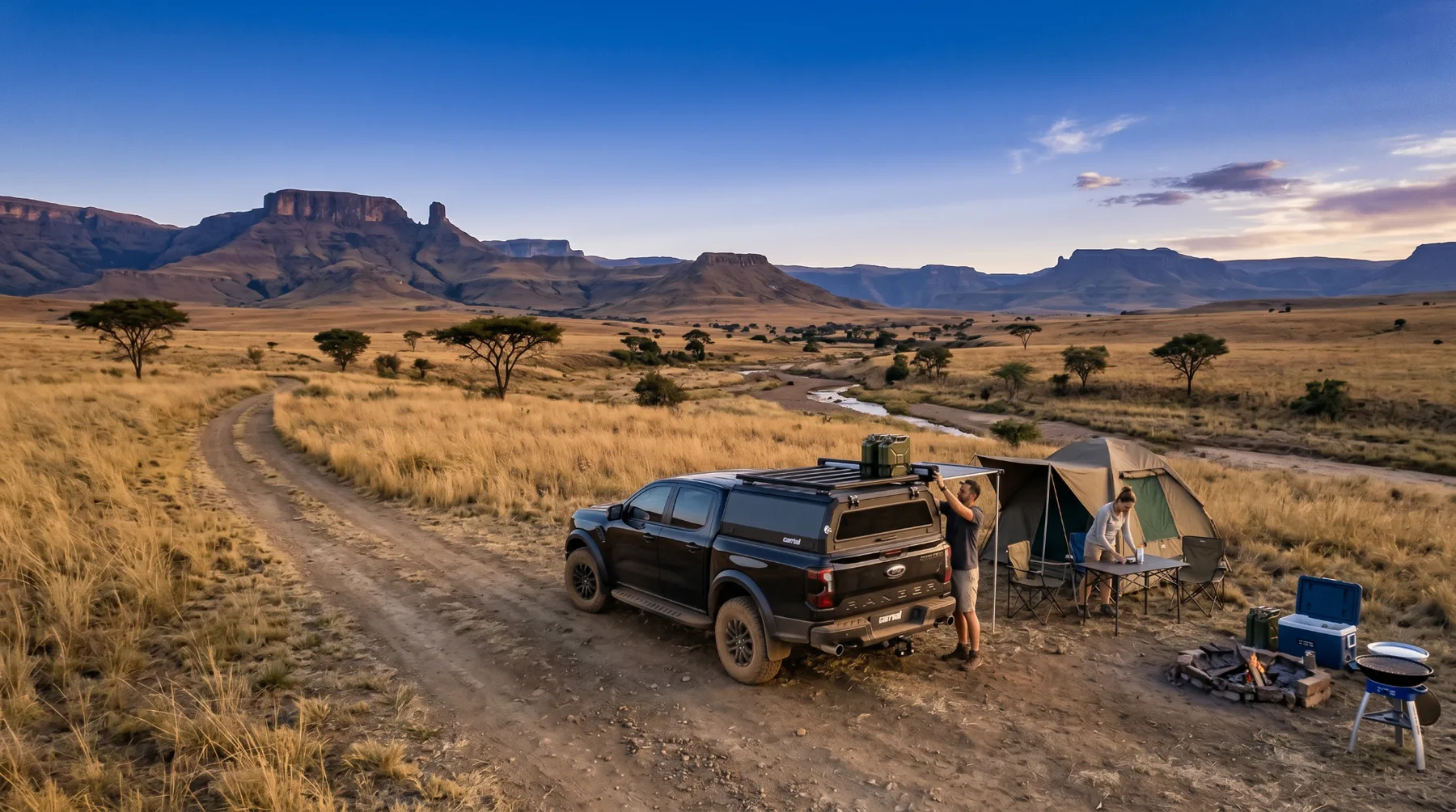 Black bakkie with Canrail canopy parked at a Drakensberg campsite with tent and campfire